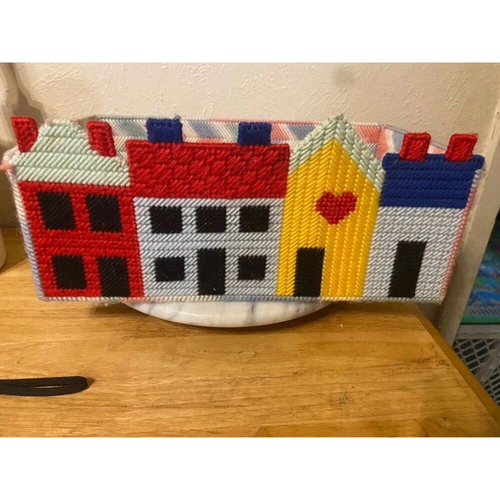 Vintage Handmade Plastic Canvas Storage Basket